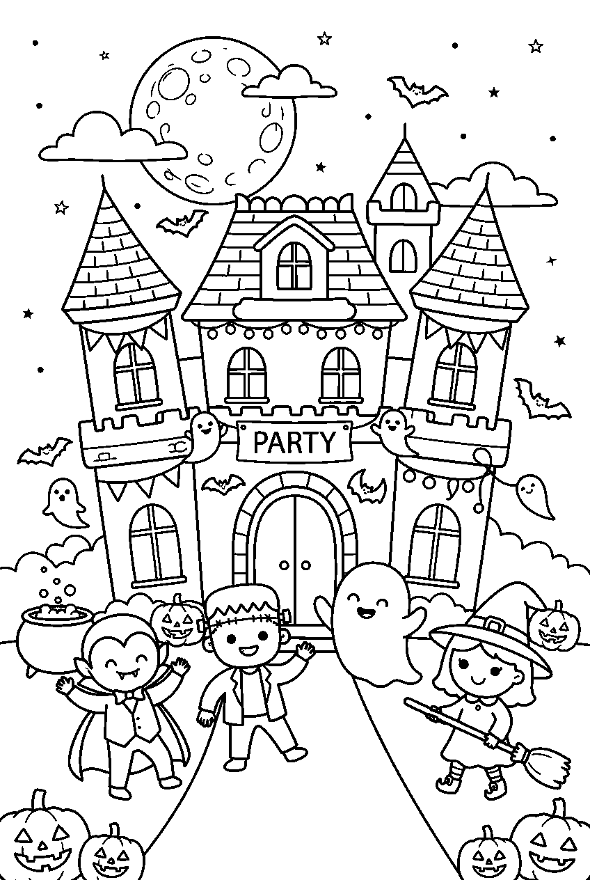 kawaii halloween mansion hosting monster party under full moon line art