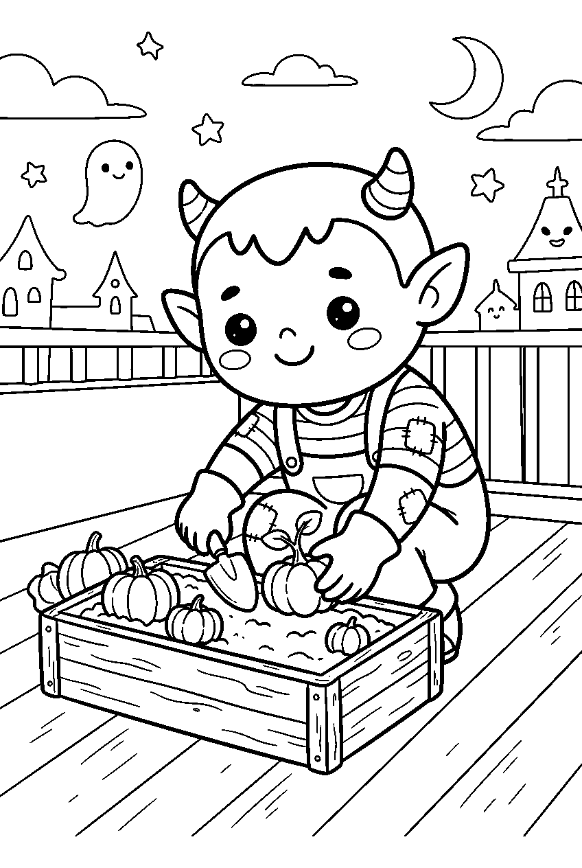 kawaii halloween monster planting pumpkins in rooftop garden line art
