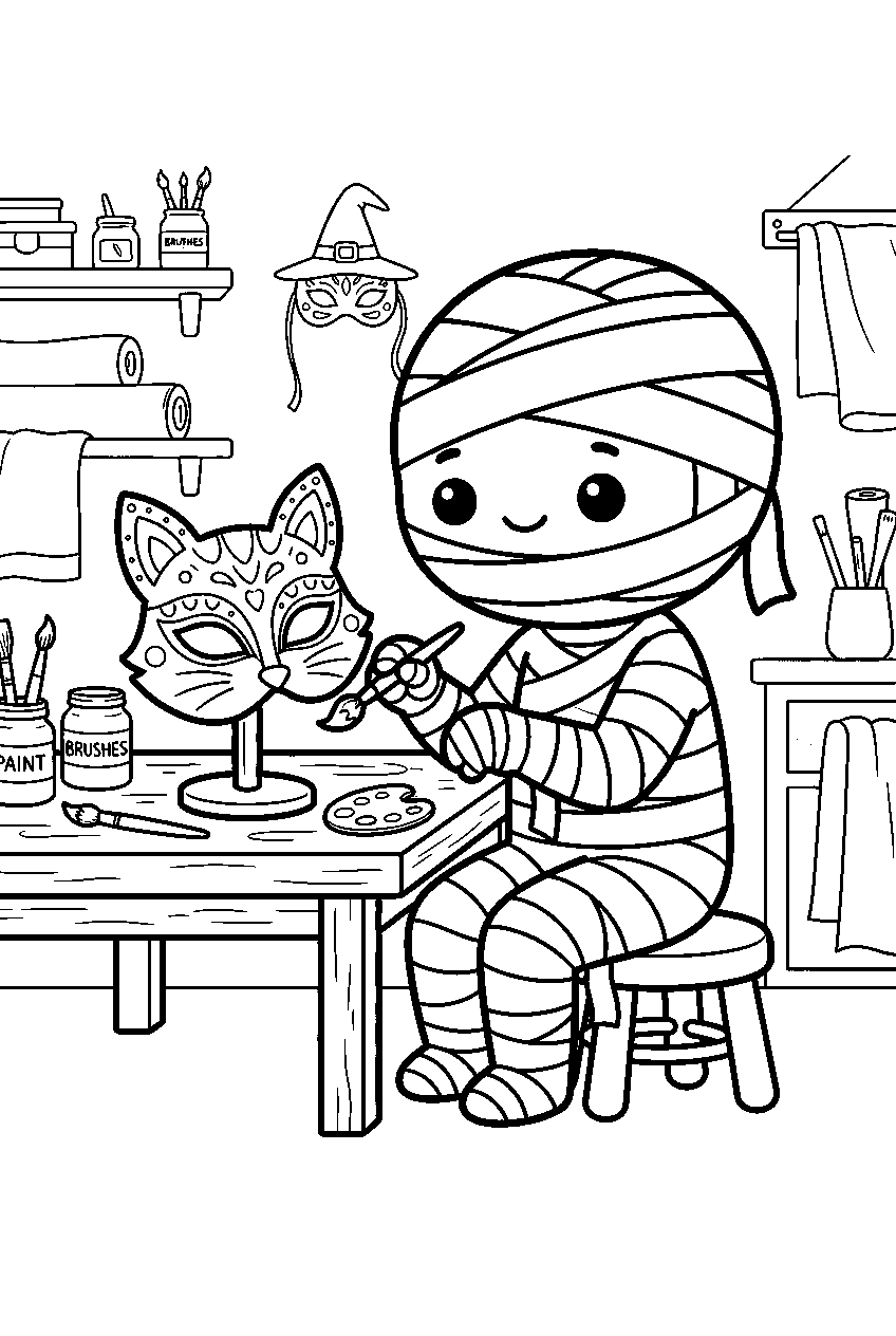 kawaii halloween mummy painting mask in costume workshop line art