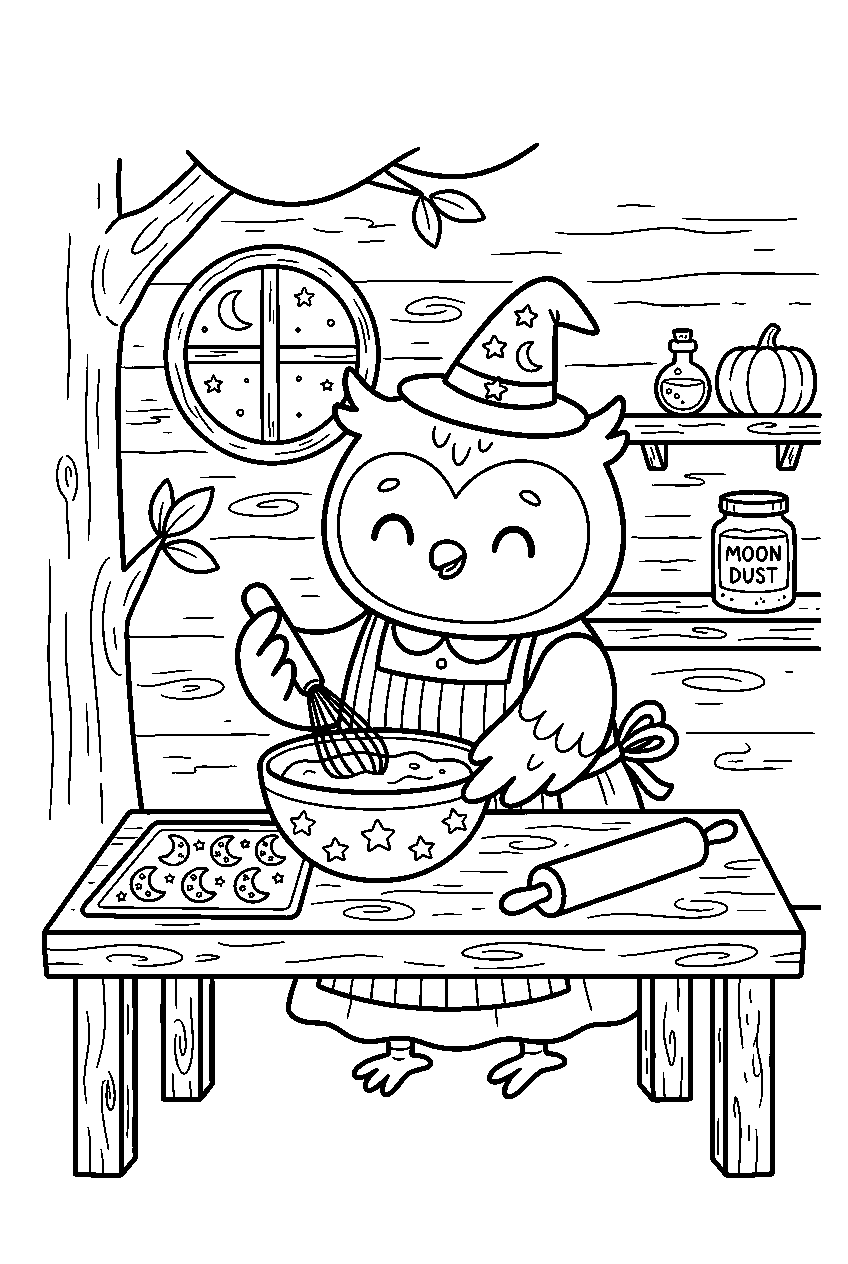 kawaii halloween owl baking moon cookies in treehouse kitchen line art