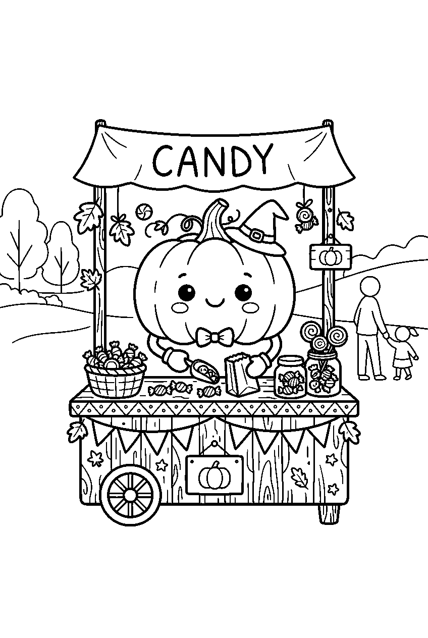 kawaii halloween pumpkin selling candy at harvest market line art