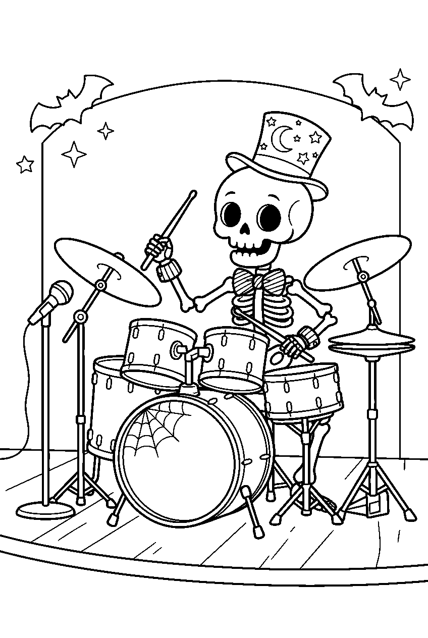 kawaii halloween skeleton playing drums on festival stage line art