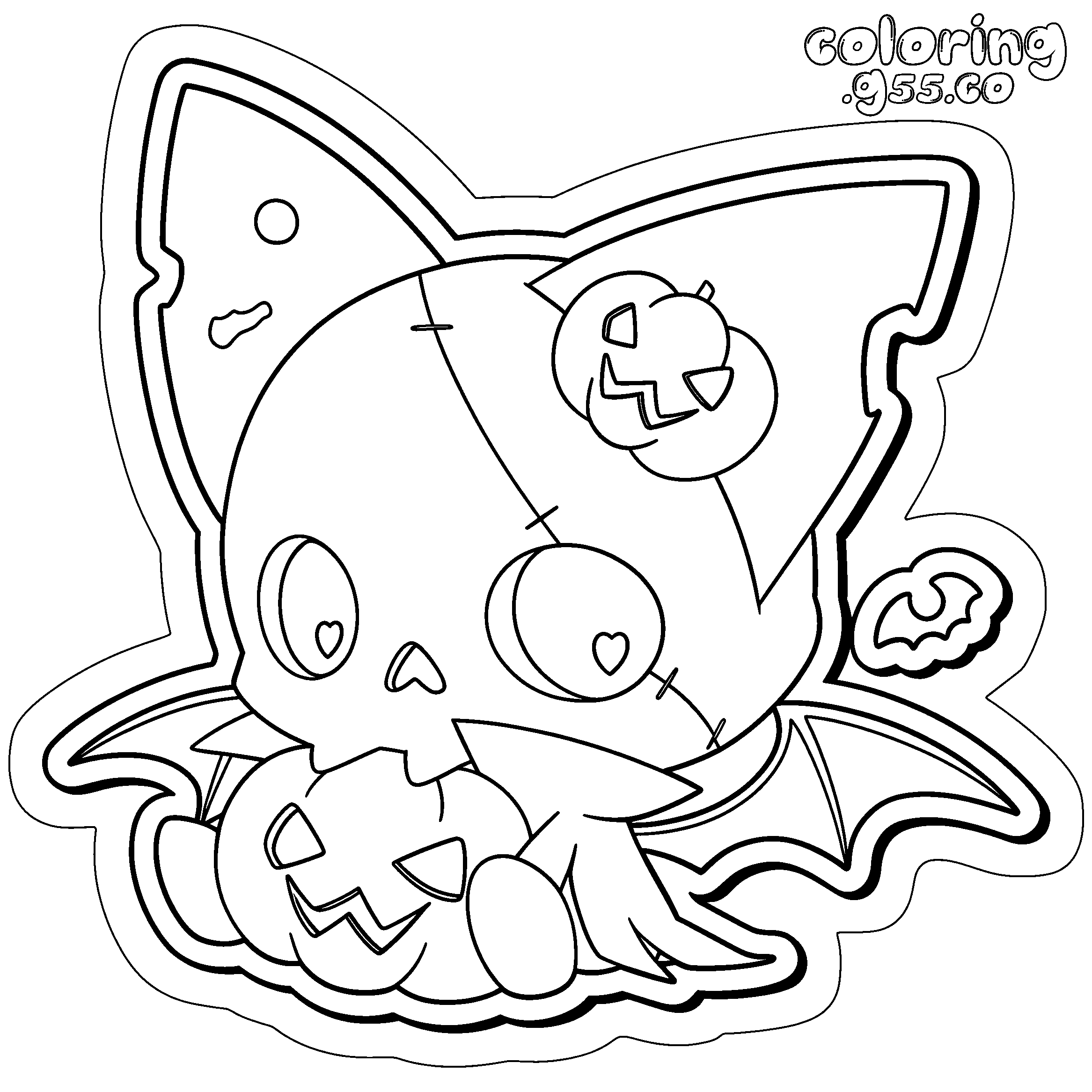 kawaii halloween skull bat line art