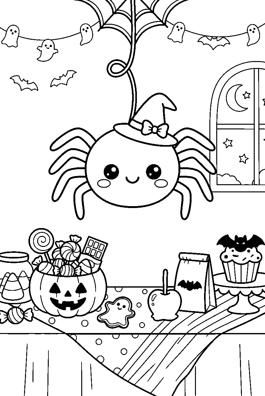 kawaii halloween spider hanging above candy table line art