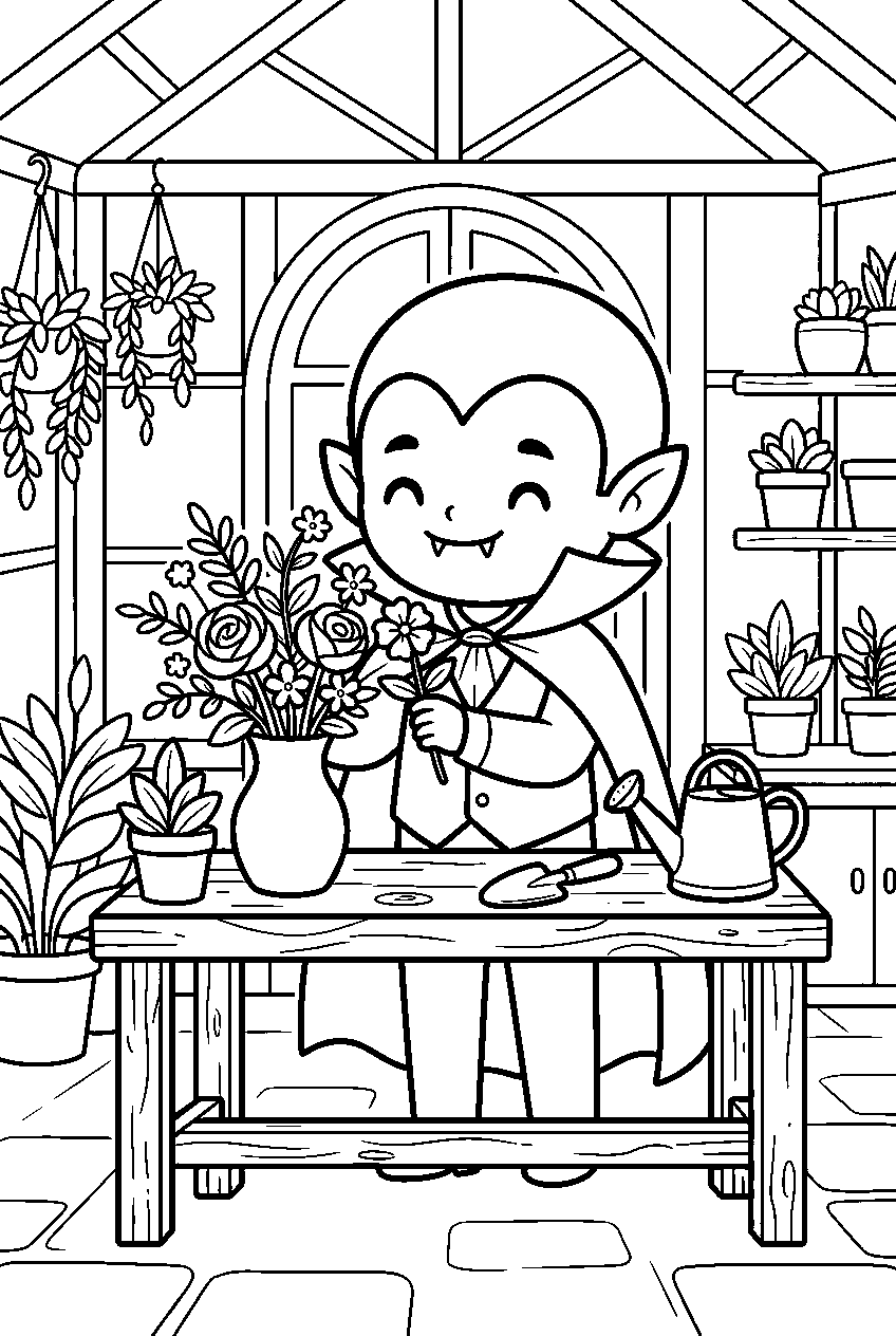 kawaii halloween vampire arranging flowers in castle greenhouse line art