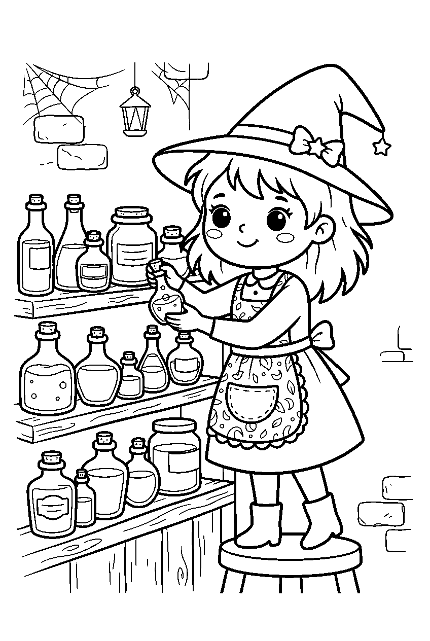 kawaii halloween witch arranging potion bottles in apothecary line art