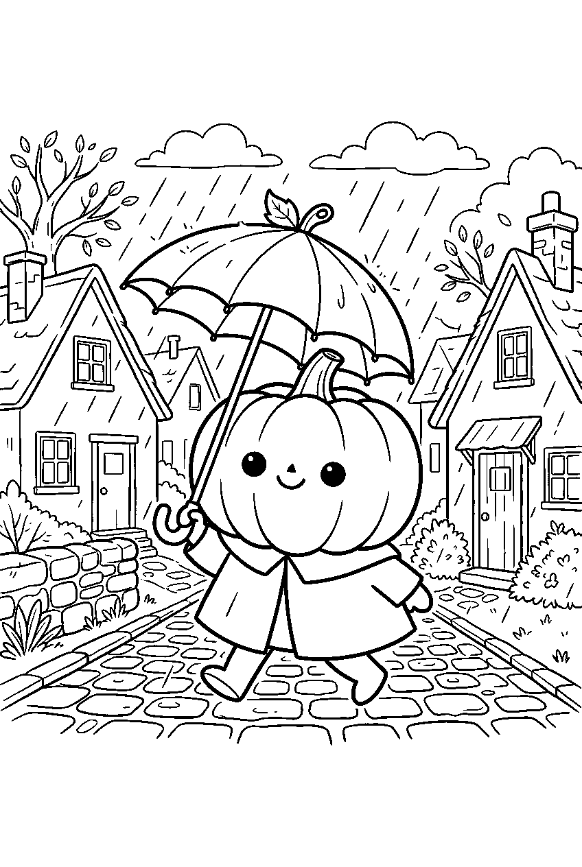 kawaii jack o lantern carrying umbrella through rainy village line art