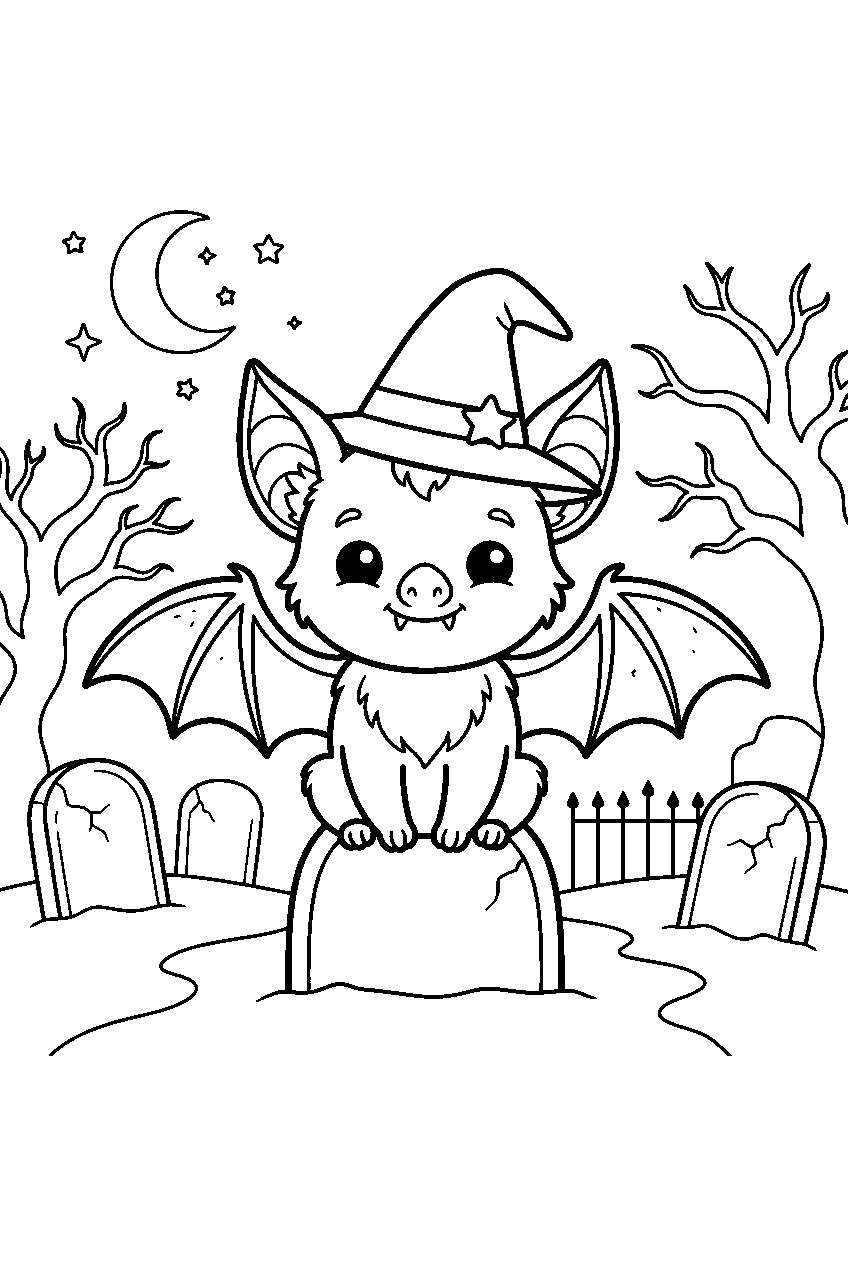 spooky cute bat wearing witch hat in graveyard line art