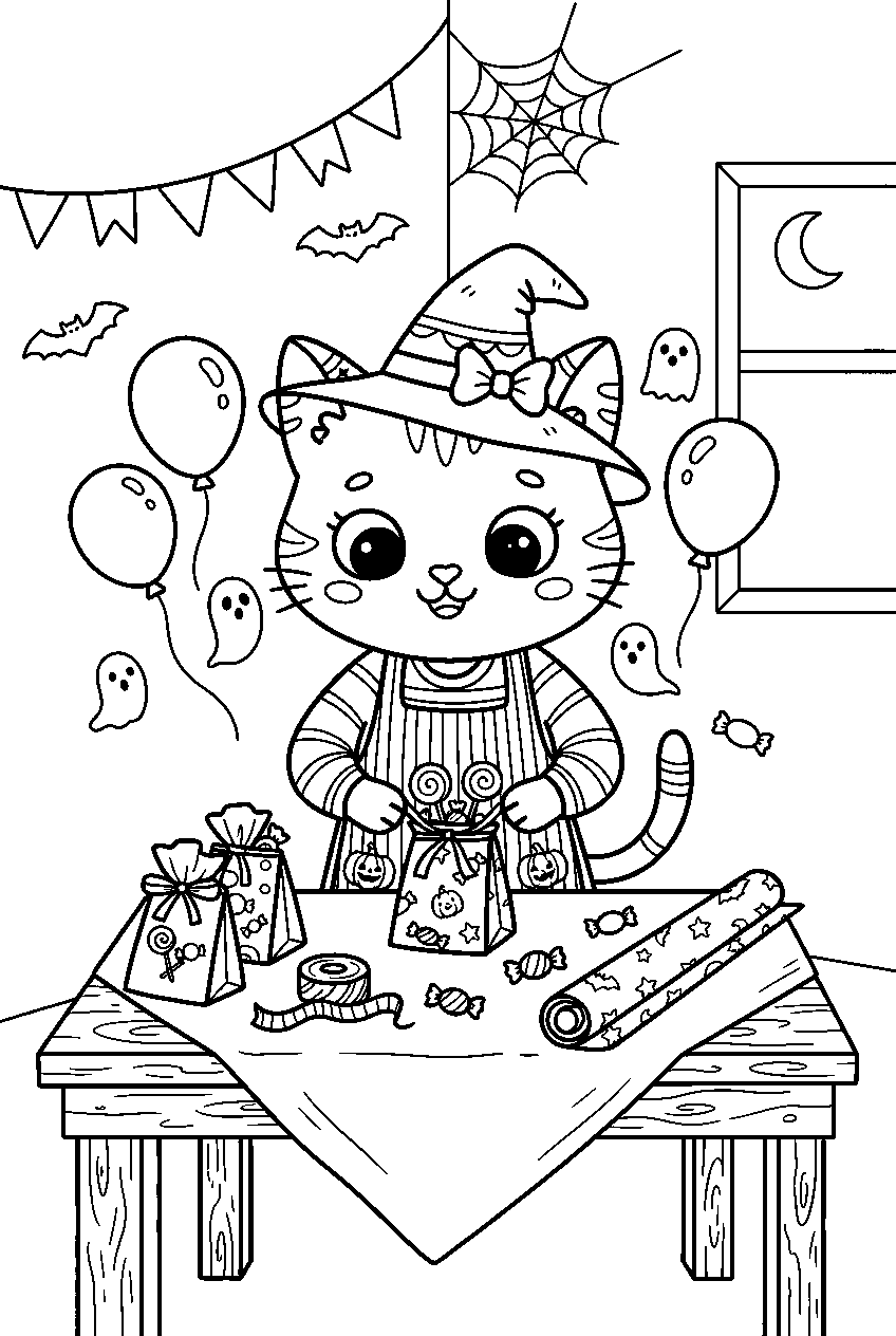 spooky cute cat wrapping candy bags in party room line art