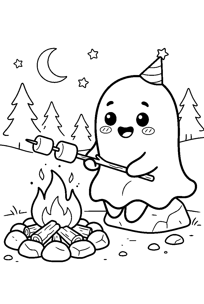 spooky cute ghost roasting marshmallows beside campfire line art