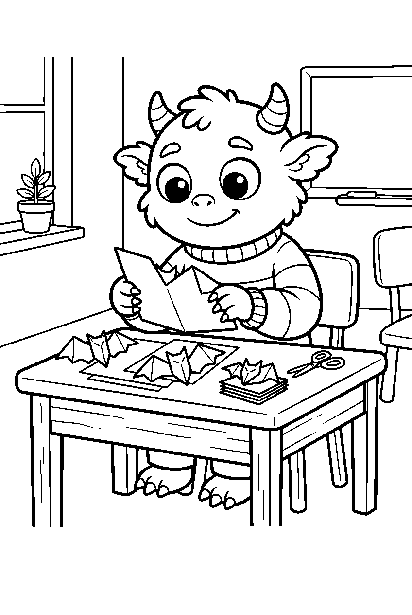 spooky cute monster folding paper bats in classroom line art