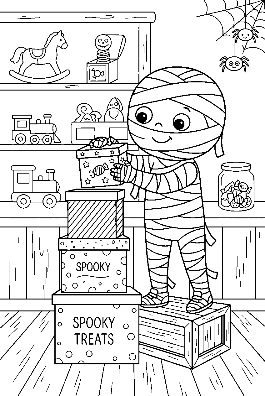 spooky cute mummy stacking candy boxes in old toy shop line art