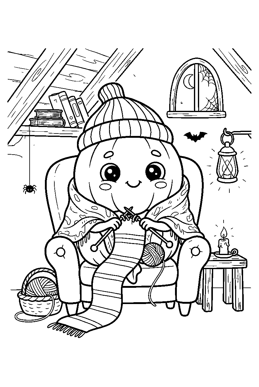 spooky cute pumpkin knitting scarf in cozy attic line art