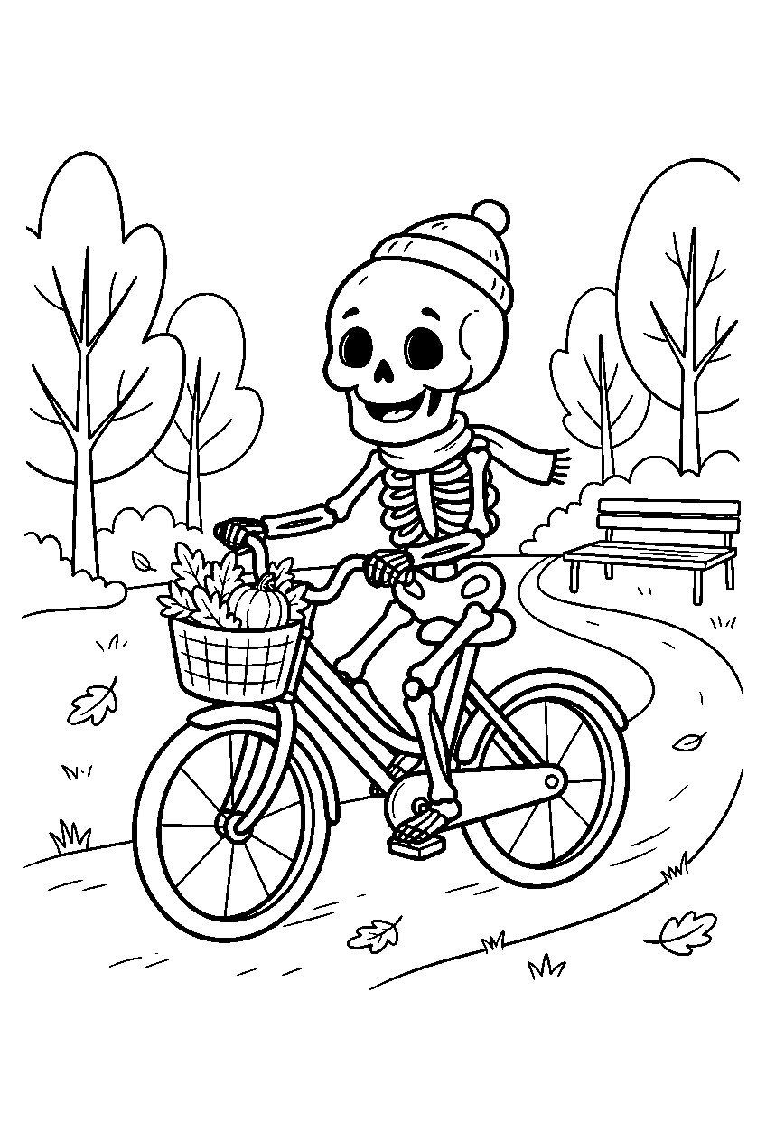 spooky cute skeleton riding bicycle through autumn park line art