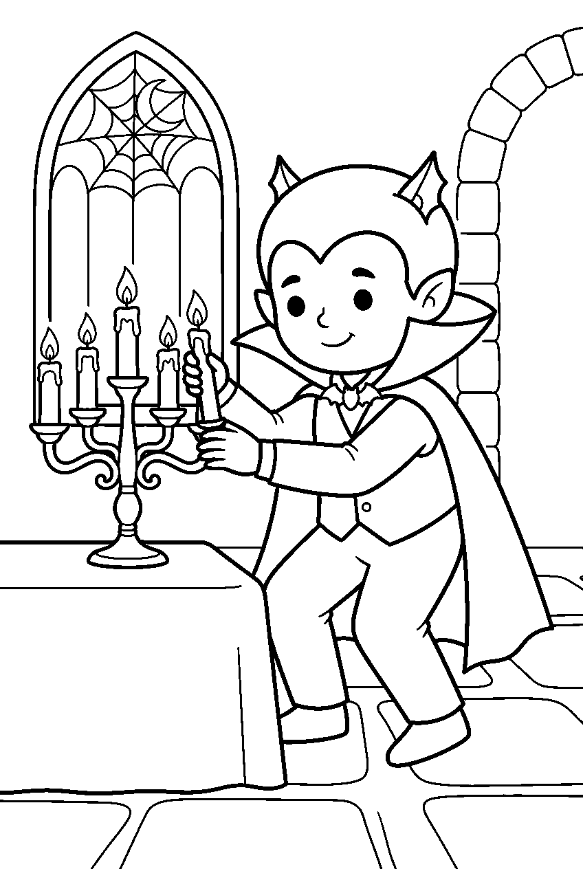 spooky cute vampire arranging candles in castle ballroom line art