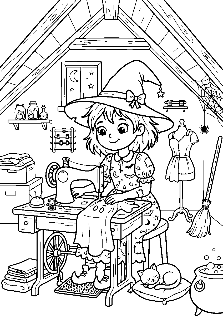 spooky cute witch sewing costume in attic studio line art