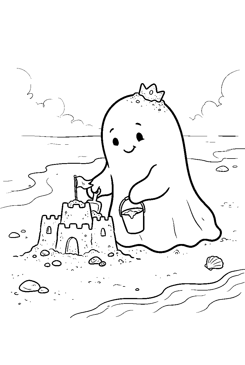 cute ghost building sandcastle on foggy beach line art