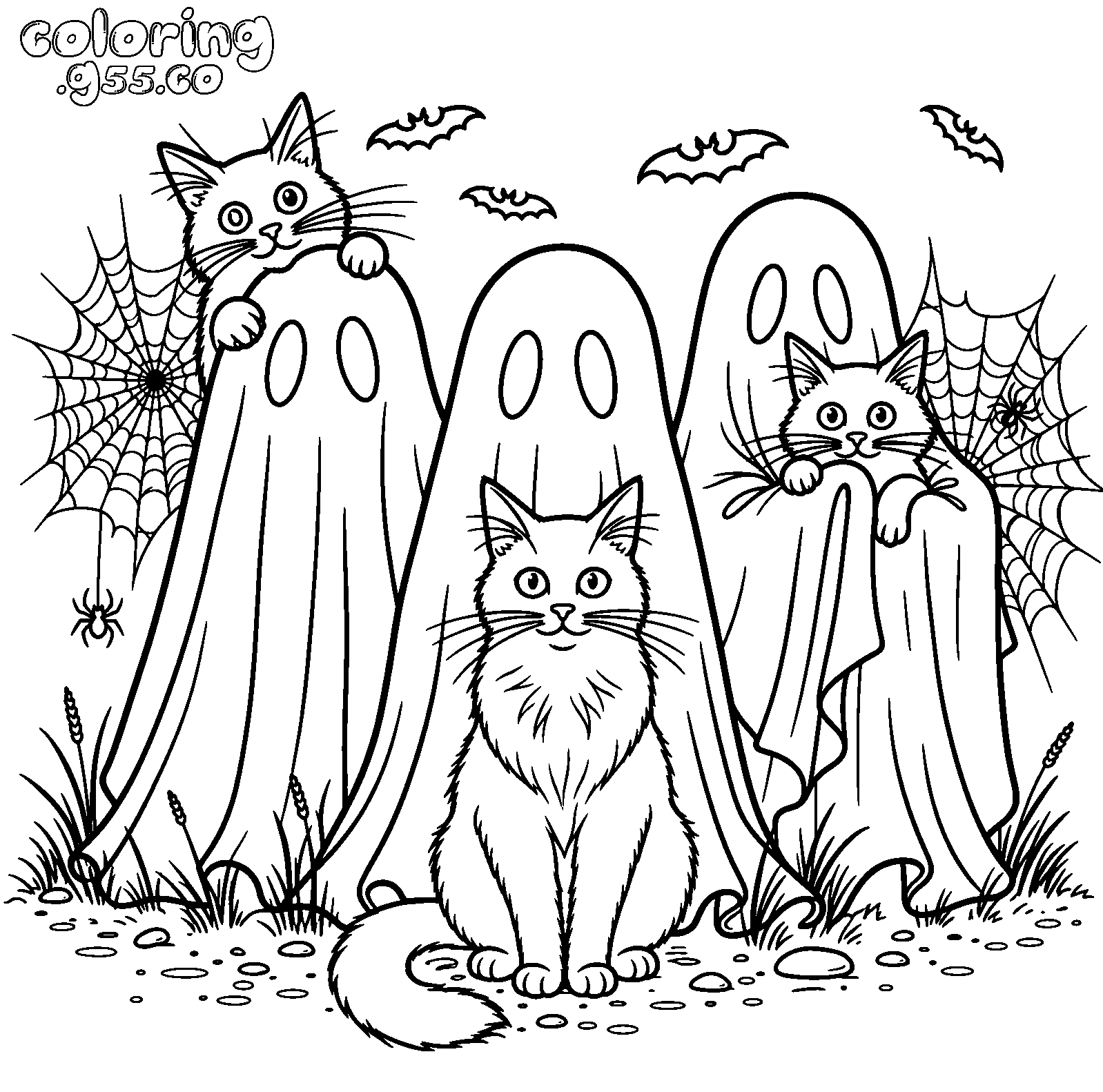 cute ghost cats halloween line art