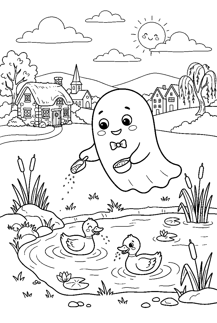 cute ghost feeding ducks beside village pond line art