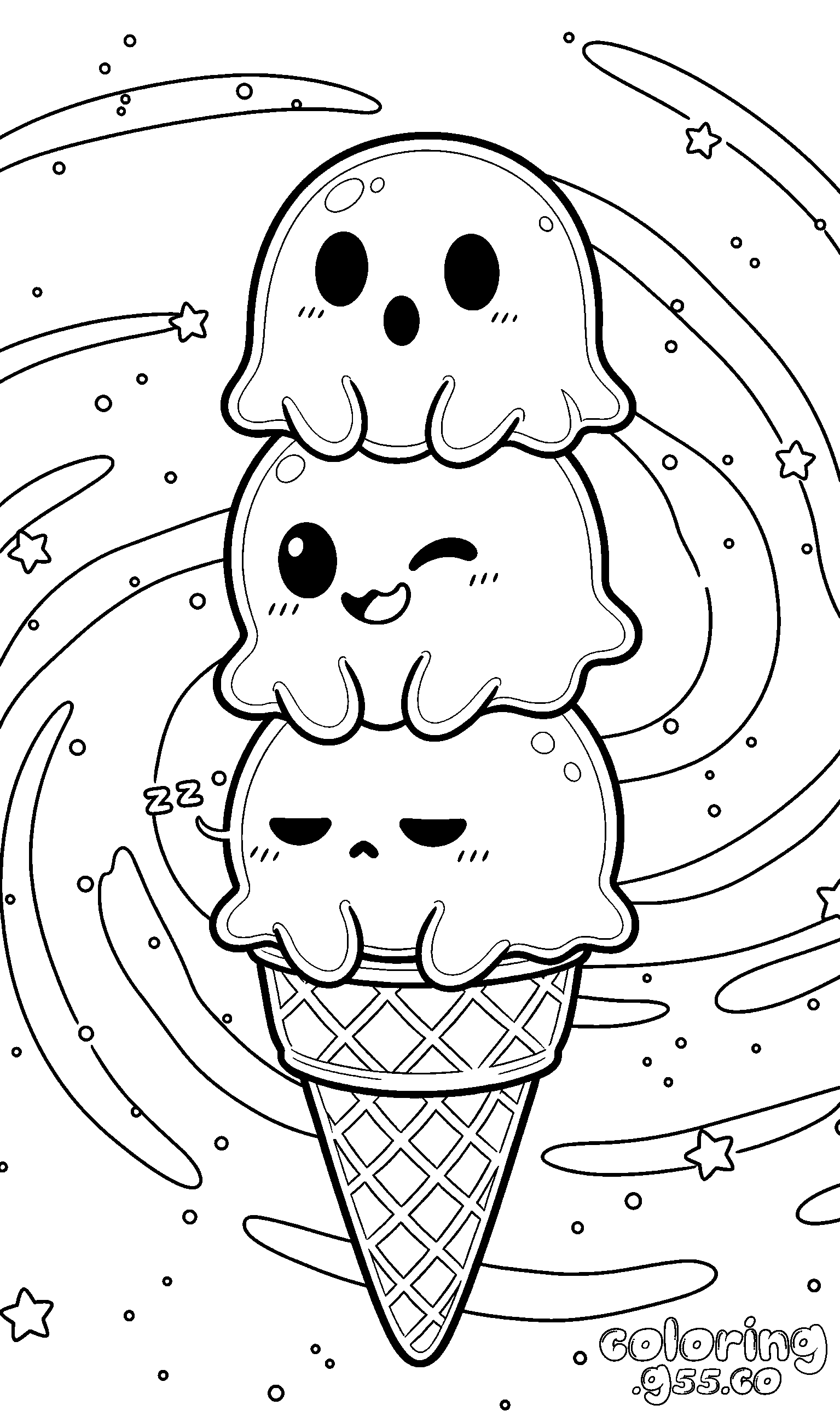 cute ghost ice cream cone kawaii line art for kids