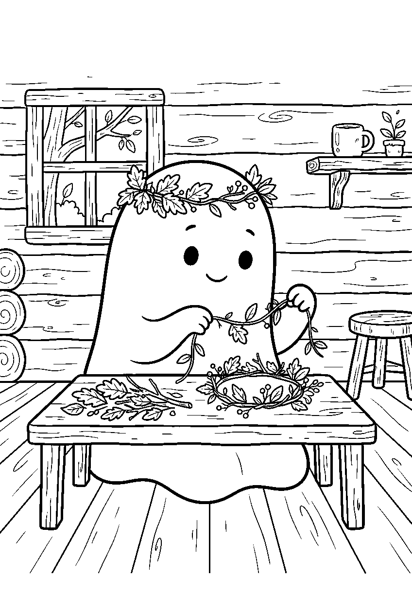 cute ghost making leaf crown in woodland cabin line art