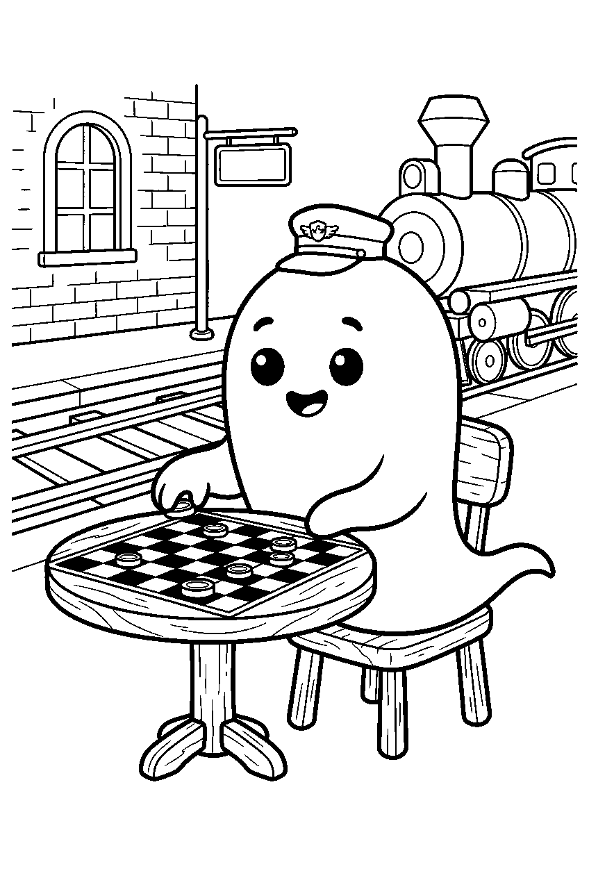 cute ghost playing checkers at train station line art