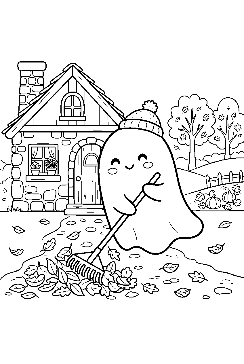cute ghost raking leaves outside cottage line art