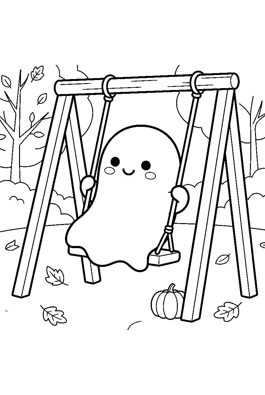 cute ghost riding swing in autumn playground line art