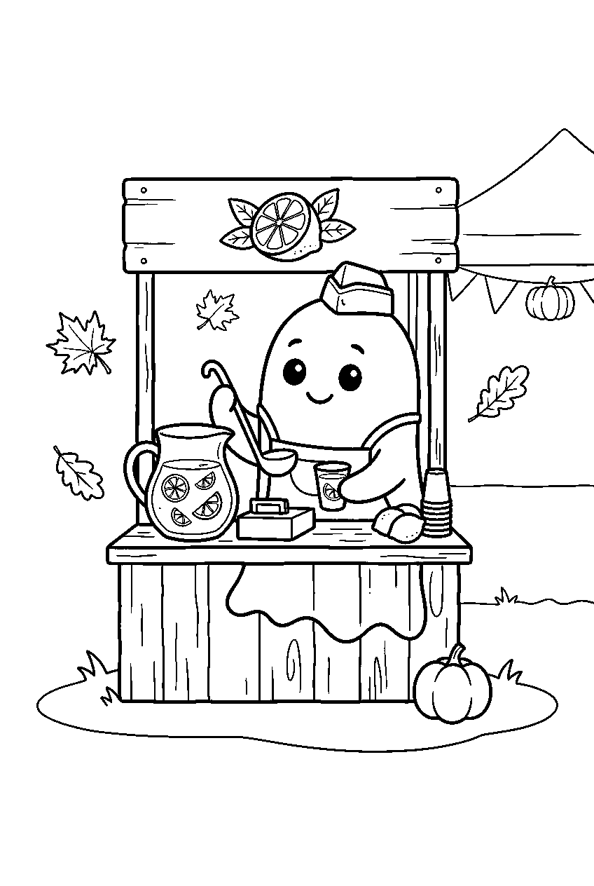 cute ghost selling lemonade at fall fair line art