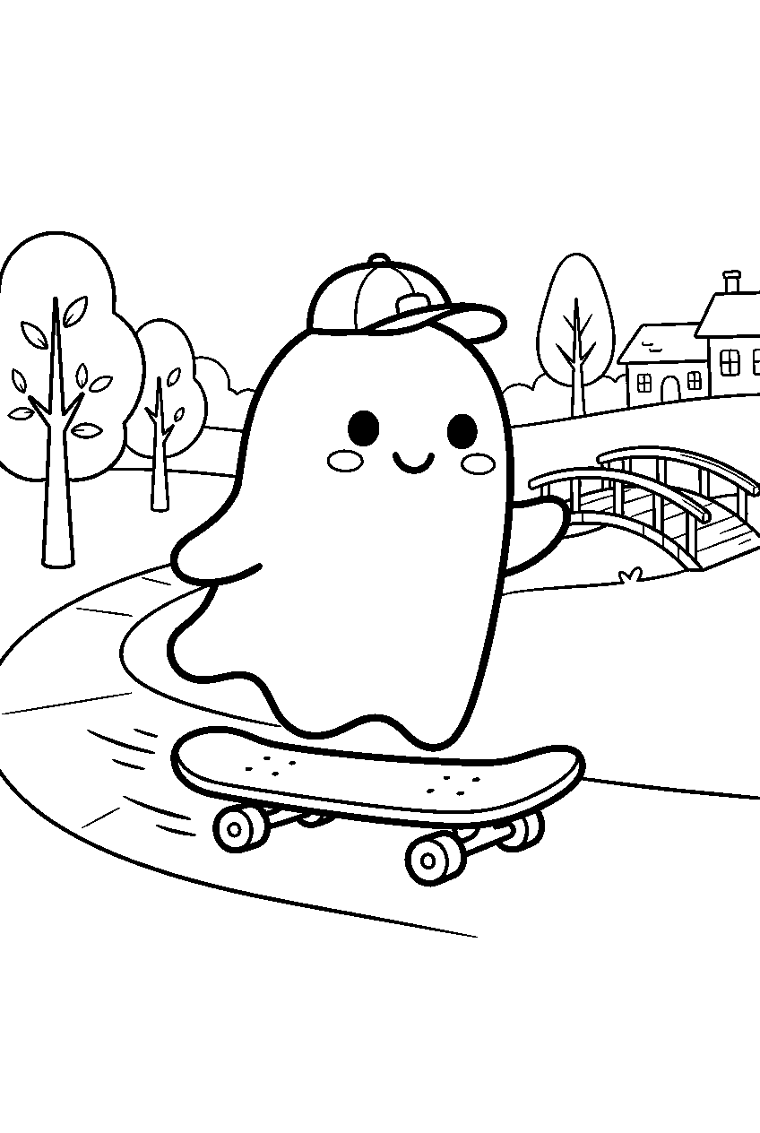 cute ghost skateboarding through village park line art
