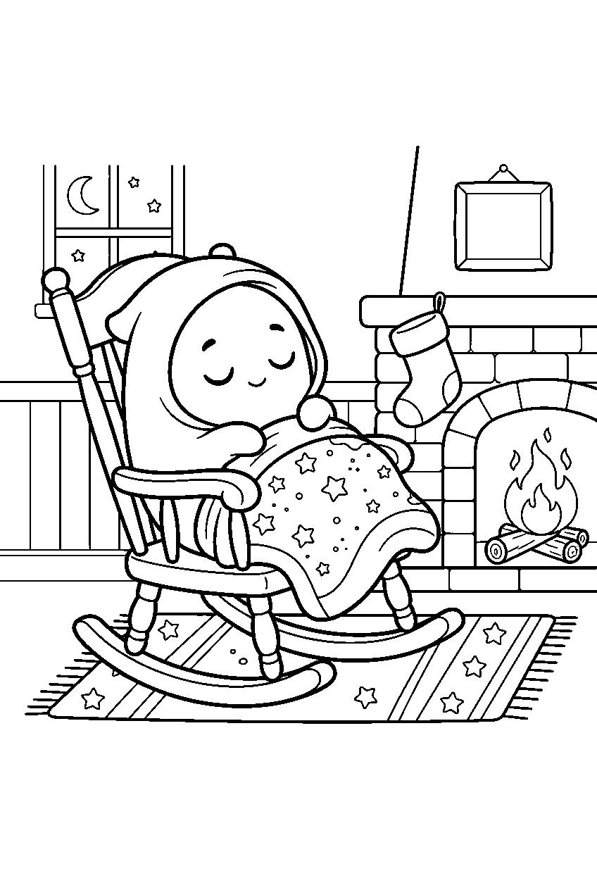 cute ghost sleeping in rocking chair by fireplace line art