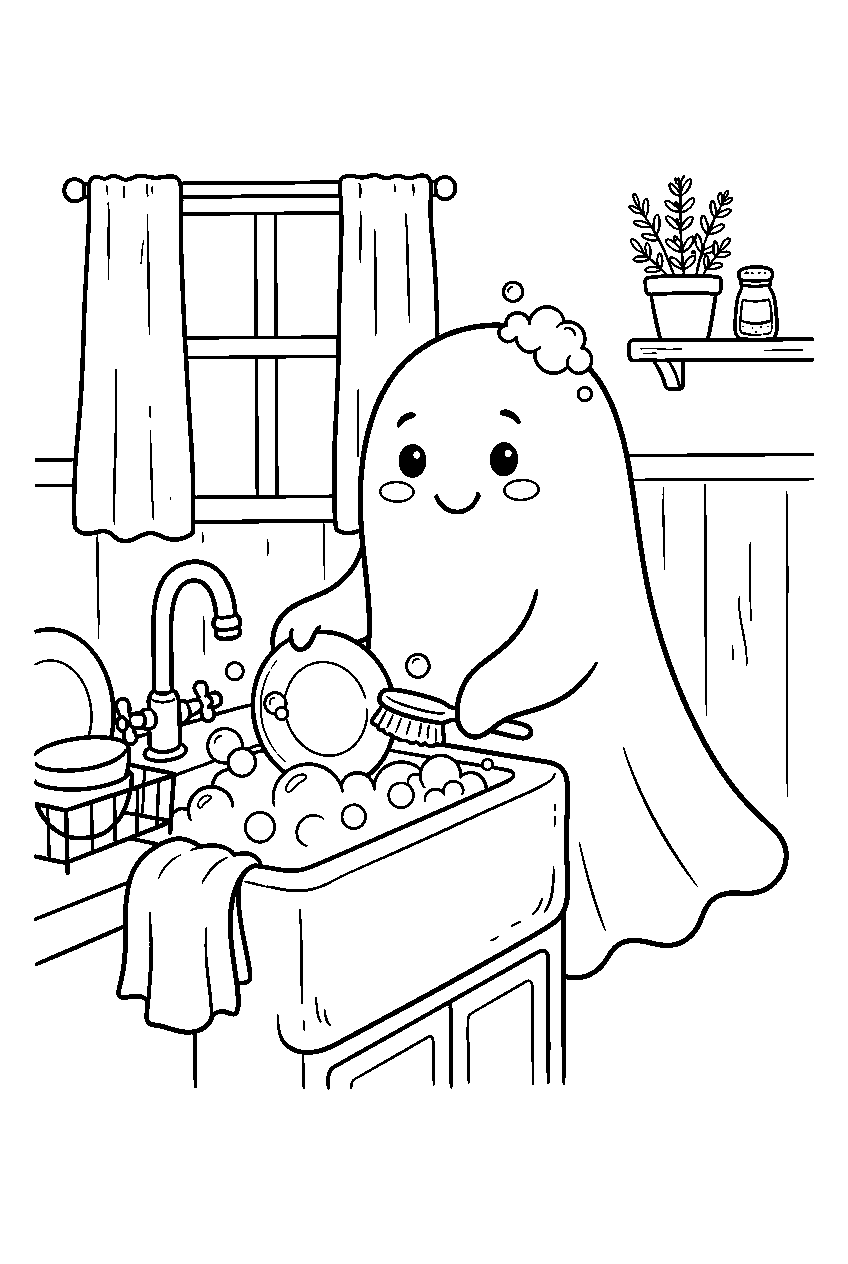 cute ghost washing dishes in farmhouse kitchen line art