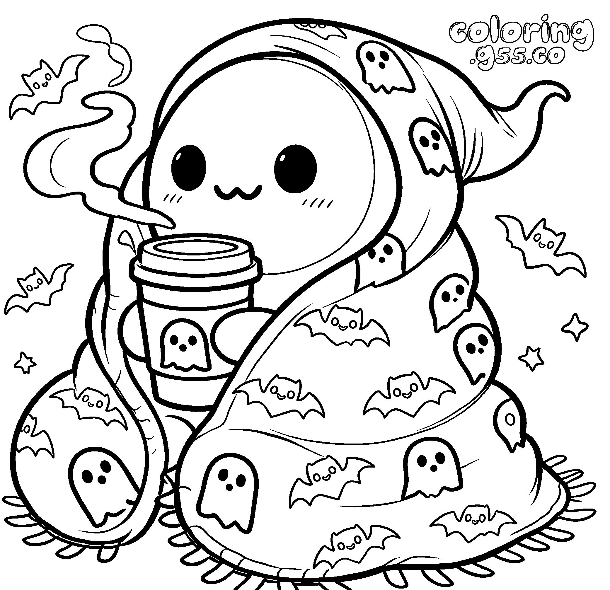 cute kawaii ghost coffee line art for kids