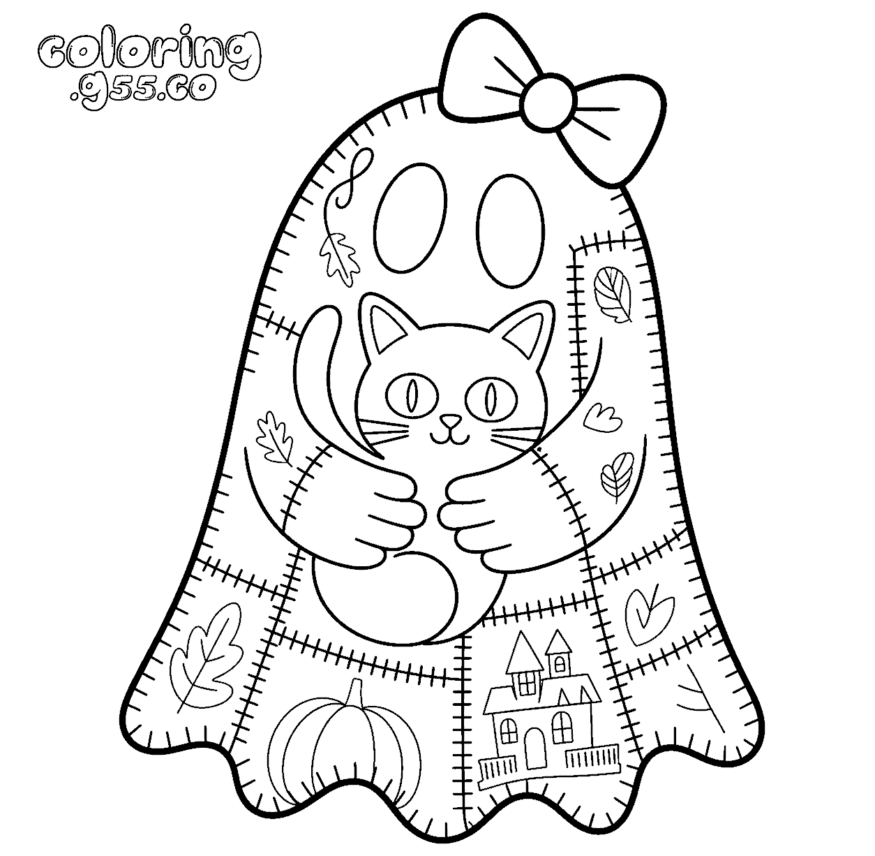 cute kawaii patchwork ghost hugging kitty line art for kids
