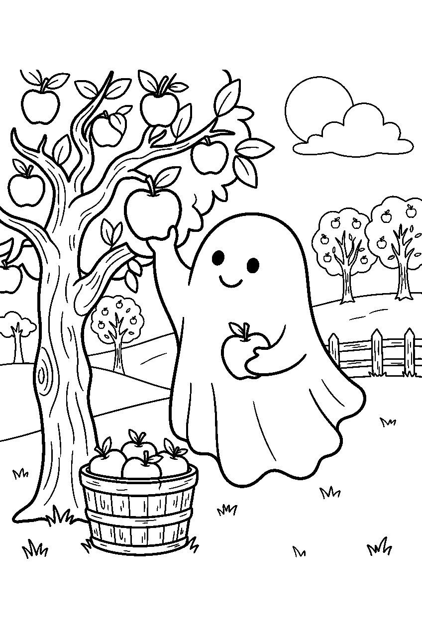 ghost with pumpkin picking apples in orchard line art