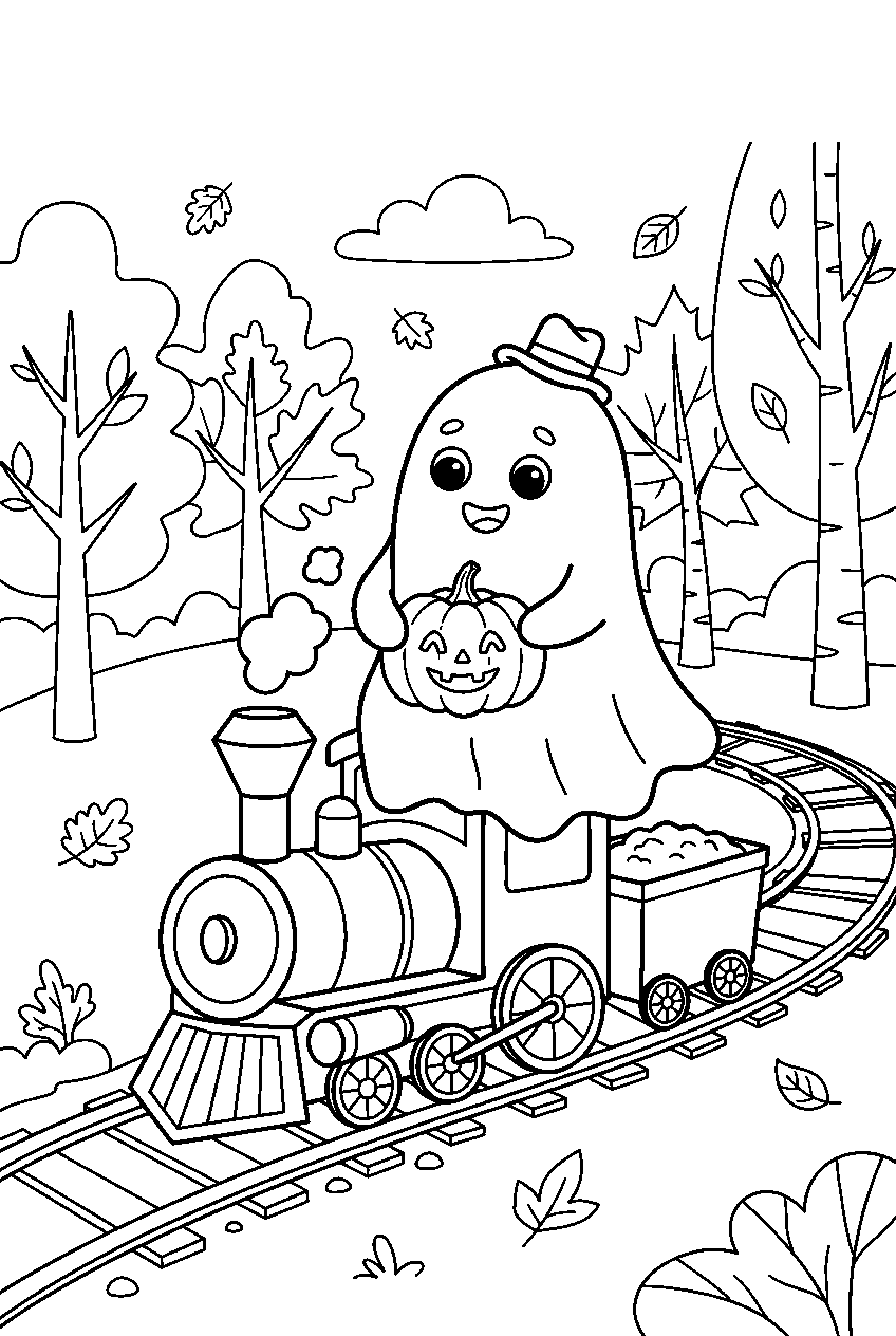 ghost with pumpkin riding train through autumn forest line art