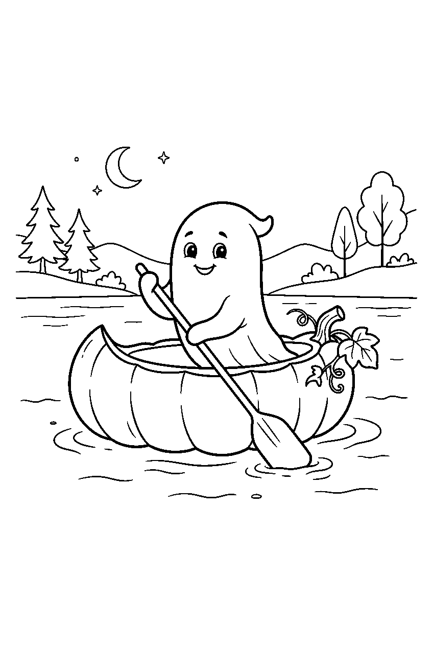 ghost with pumpkin sailing canoe across quiet lake line art