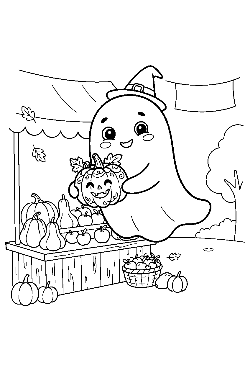 ghost with pumpkin visiting harvest market line art