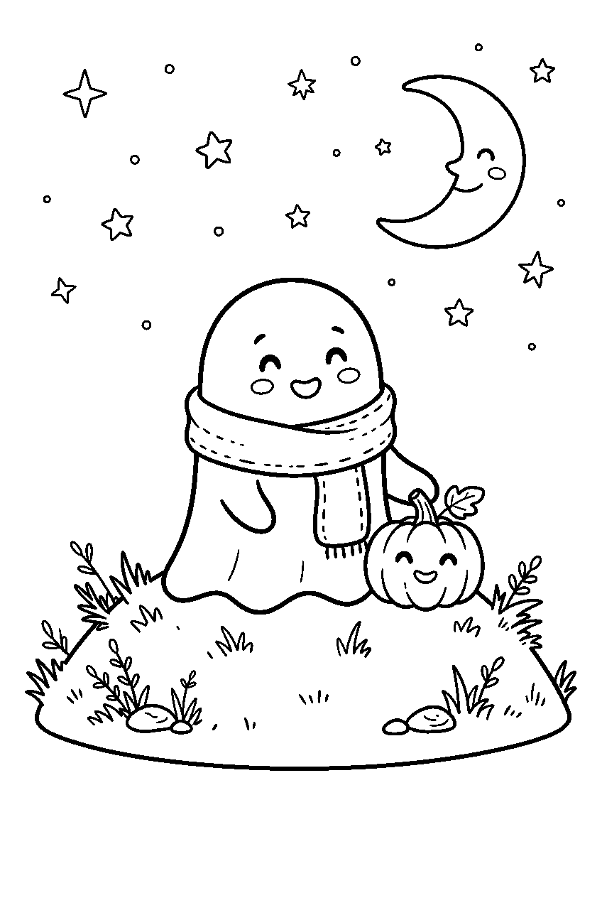 ghost with pumpkin watching stars from hilltop line art