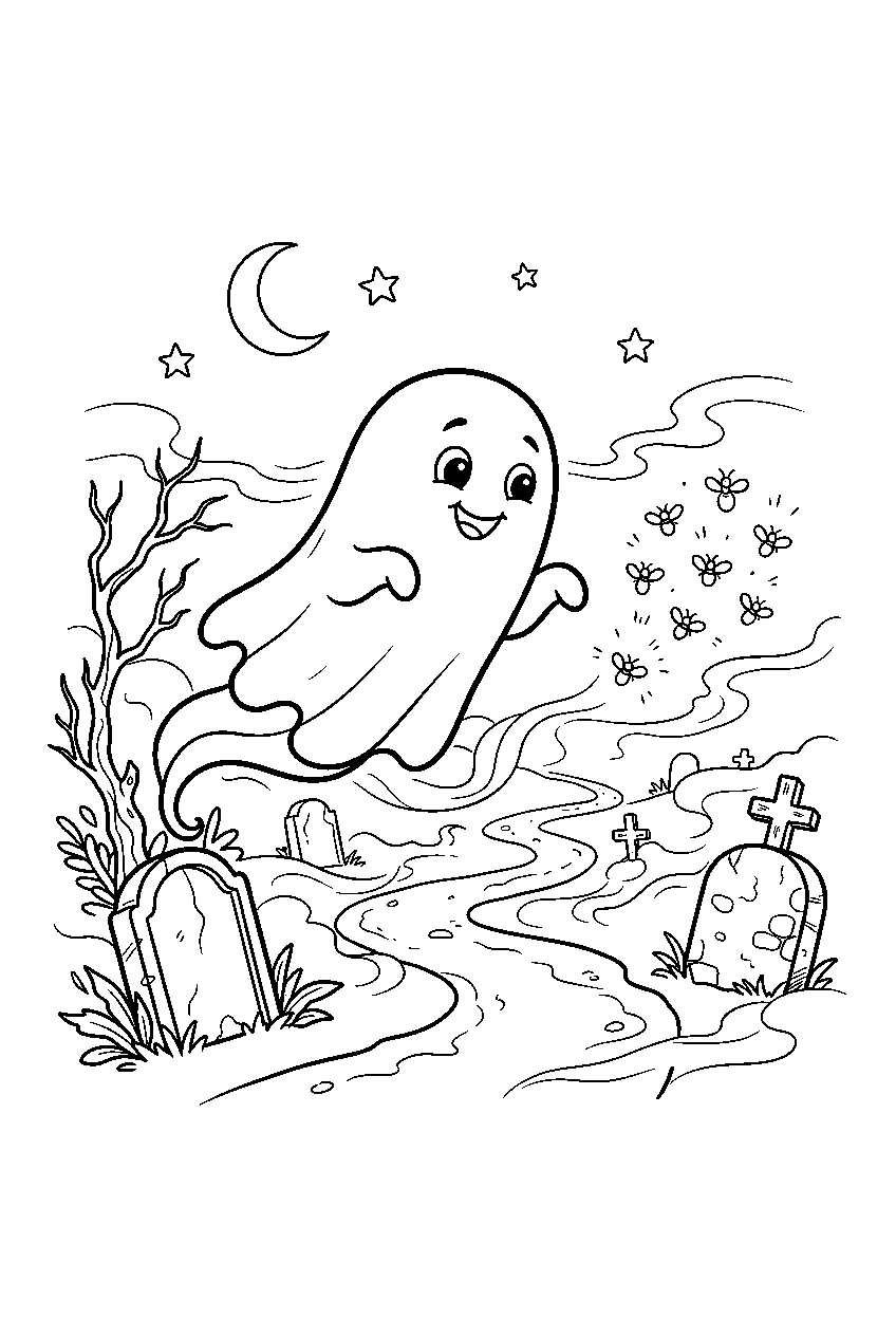 graveyard ghost following fireflies through misty path line art