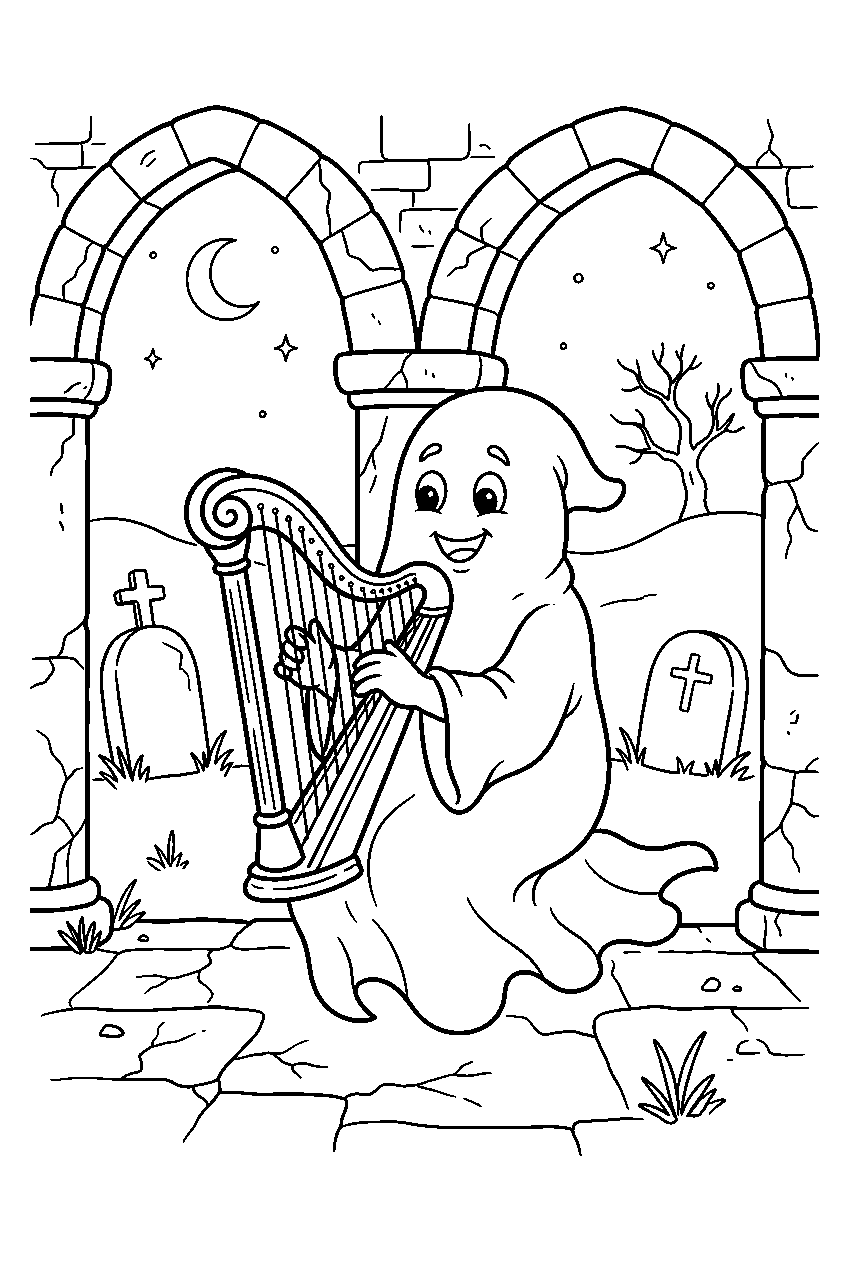 graveyard ghost playing harp among stone arches line art