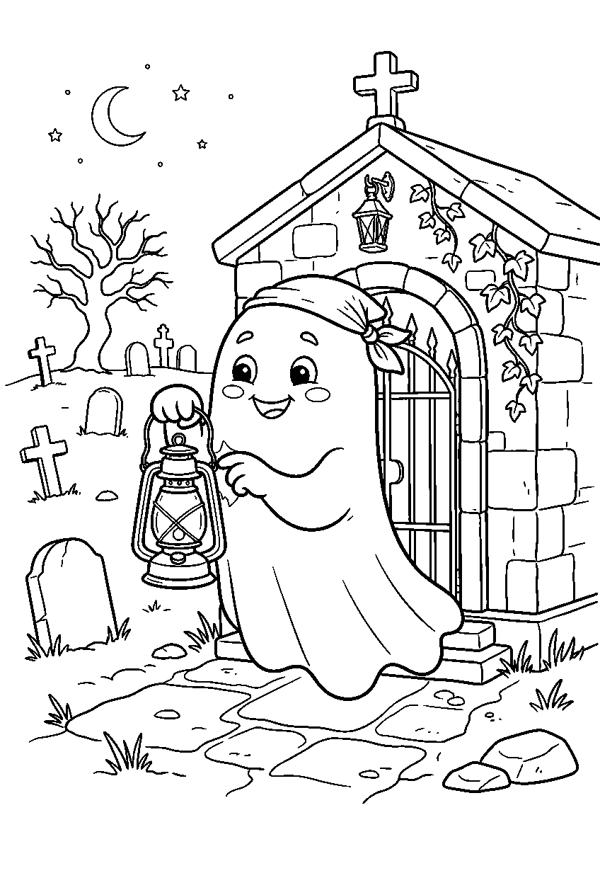 graveyard ghost polishing old lantern beside mausoleum line art
