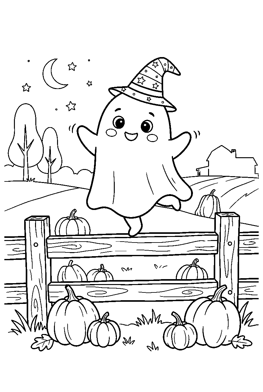 halloween ghost balancing on fence at pumpkin farm line art