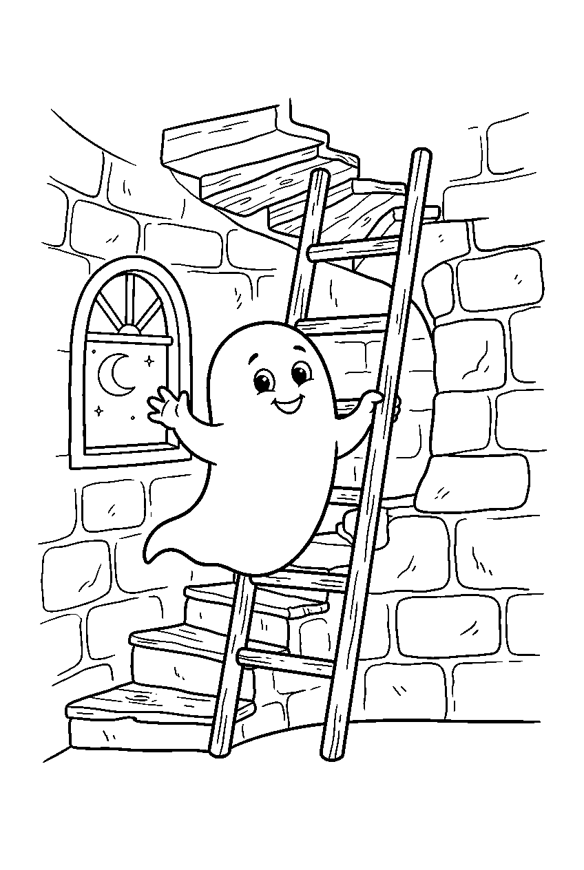 halloween ghost climbing ladder inside old lighthouse line art
