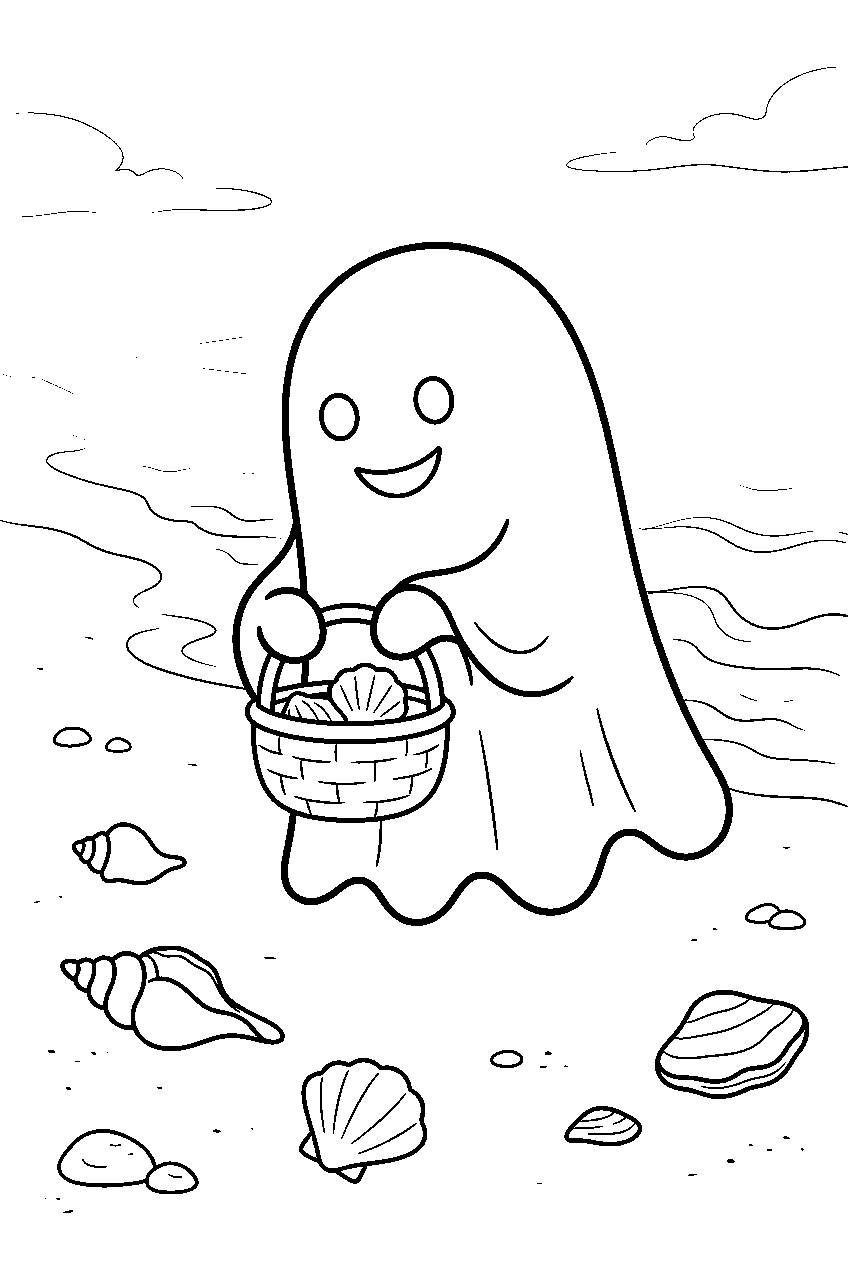 halloween ghost collecting seashells on foggy beach line art