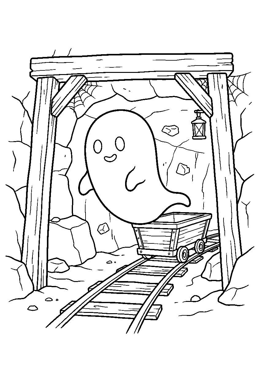 halloween ghost exploring minecart tunnel in haunted mine line art