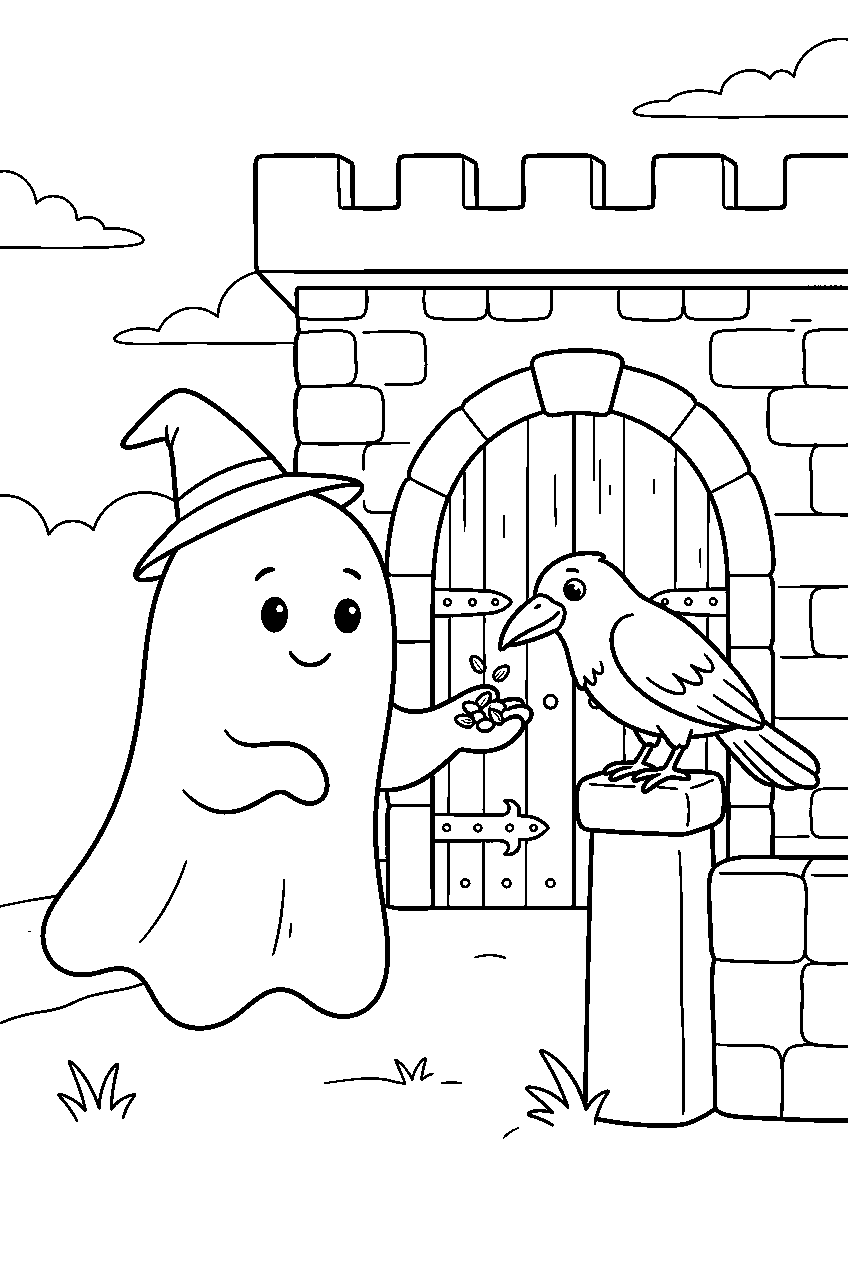 halloween ghost feeding raven beside castle gate line art