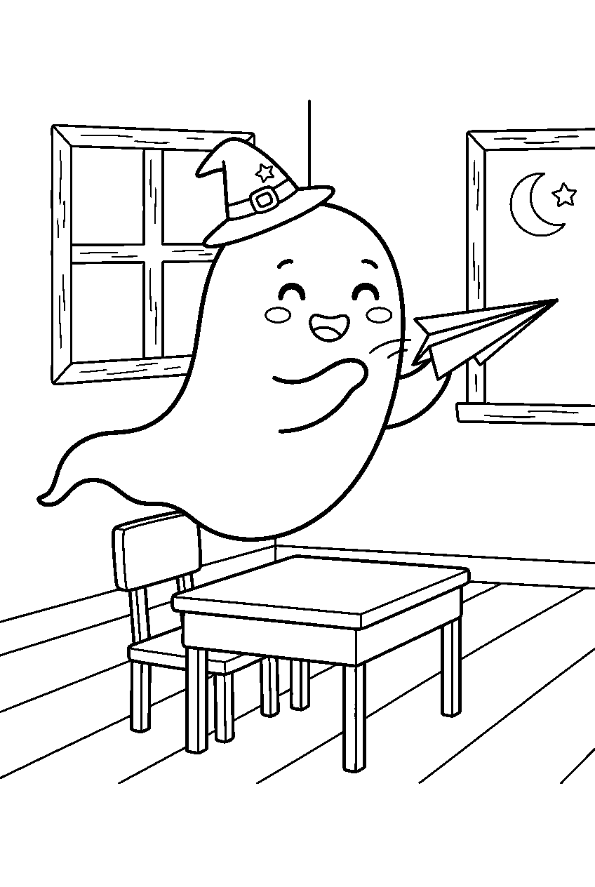 halloween ghost flying paper airplane in empty classroom line art