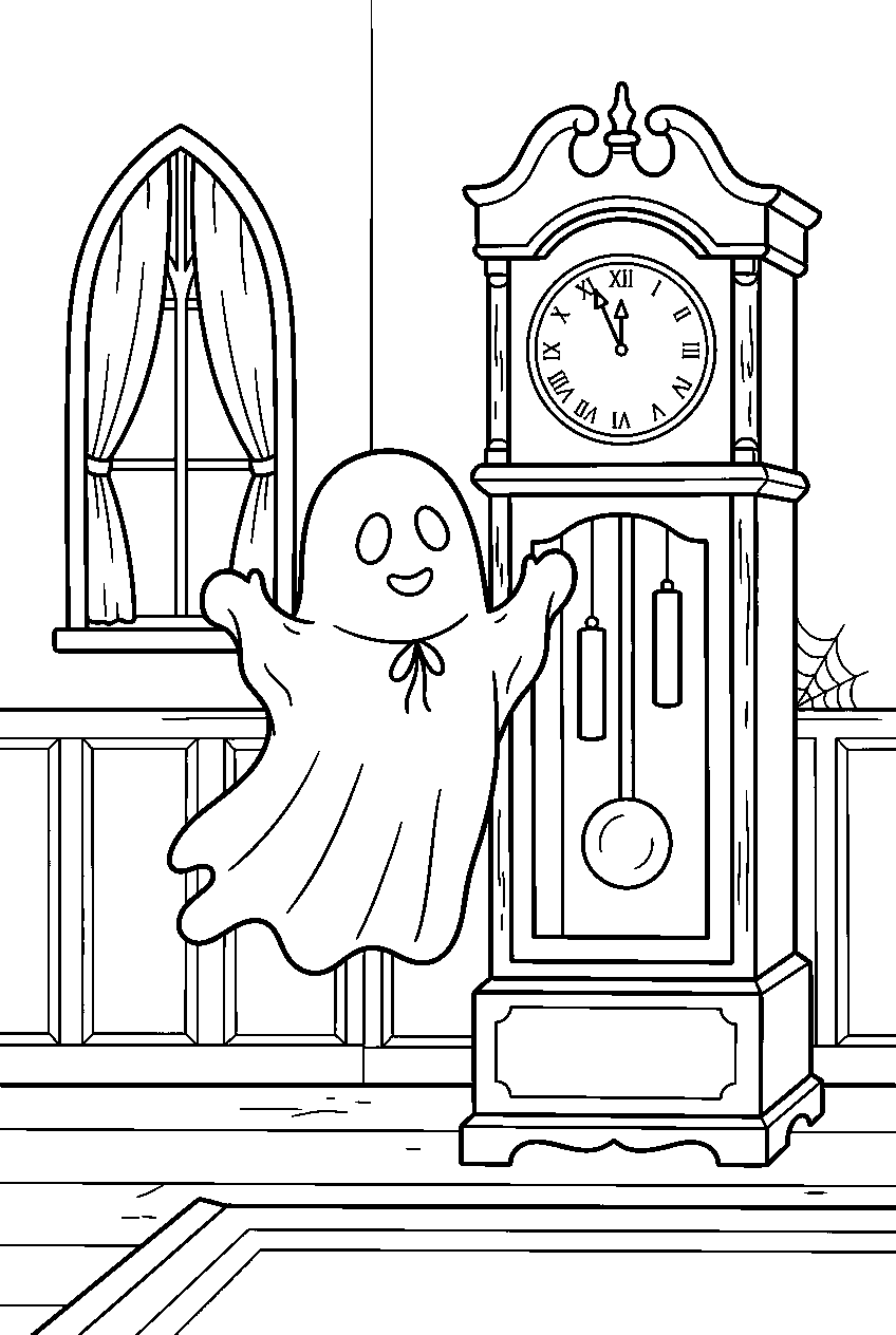 halloween ghost guarding grandfather clock in mansion hallway line art