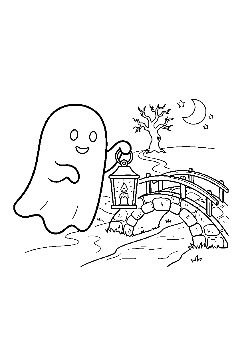 halloween ghost lighting lantern beside stone bridge line art